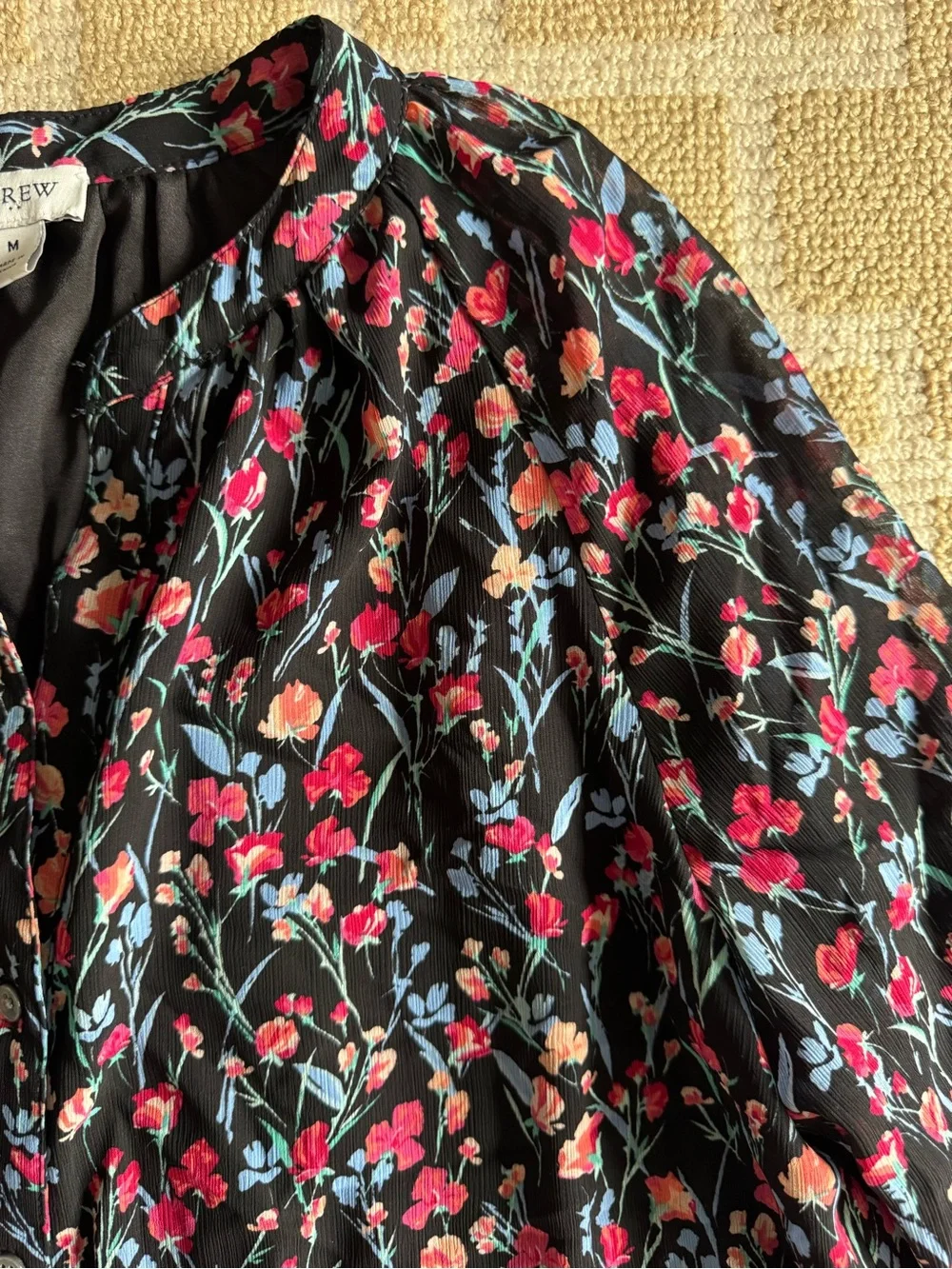 J. Crew Floral Boho Peasant Blouse Black Long Sleeve Lightweight Summer Top M